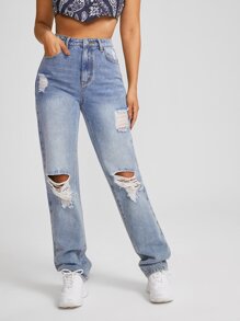 Slant Pocket Ripped Straight Jeans