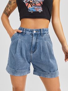 Slant Pocket Rolled Hem Denim Shorts