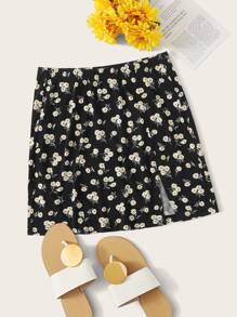 Slit Hem Ditsy Floral Print Skirt