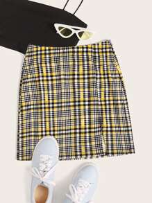 Slit Hem Tartan Print Skirt