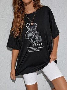 Slogan And Bear Print Oversized Tee