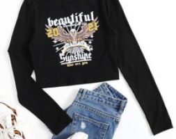 Slogan And Eagle Print Tee