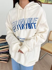 Slogan Embroidery Drop Shoulder Drawstring Hoodie