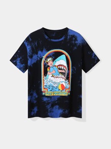 Slogan Figure & Shark Graphic Tie Dye Tee