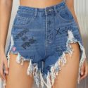 Slogan Graphic Distressed Hem Denim Shorts