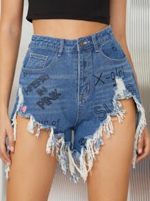 Slogan Graphic Distressed Hem Denim Shorts