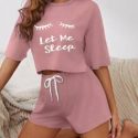 Slogan Graphic Drop Shoulder Pajama Set