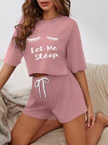 Slogan Graphic Drop Shoulder Pajama Set