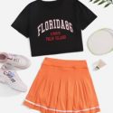 Slogan Graphic Sports Tee With Pleated Sports Skirt