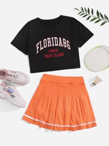 Slogan Graphic Sports Tee With Pleated Sports Skirt