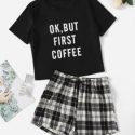 Slogan Graphic Tee & Plaid Shorts PJ Set