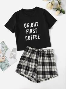 Slogan Graphic Tee & Plaid Shorts PJ Set