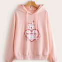 Slogan Heart & Rabbit Graphic Drawstring Hoodie