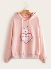 Slogan Heart & Rabbit Graphic Drawstring Hoodie