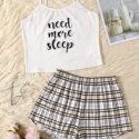 Slogan & Plaid Pattern PJ Set