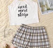 Slogan & Plaid Pattern PJ Set