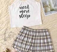 Slogan & Plaid Pattern PJ Set