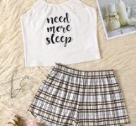 Slogan & Plaid Pattern PJ Set