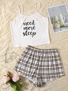 Slogan & Plaid Pattern PJ Set