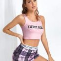 Slogan & Plaid Print PJ Set