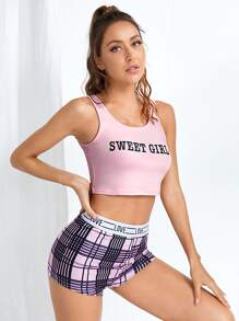 Slogan & Plaid Print PJ Set