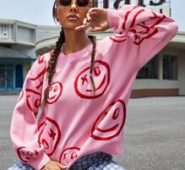 Smile Face Pattern Drop Shoulder Bishop Sleeve Sweater