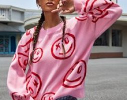 Smile Face Pattern Drop Shoulder Bishop Sleeve Sweater