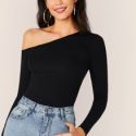 Solid Asymmetrical Neck Form Fitted Top