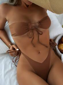 Solid Bandeau Tie Side Bikini Swimsuit