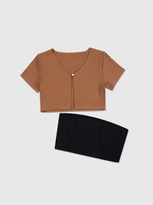 Solid Button Crop Top & Crop Tube Top