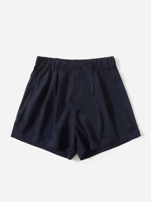 Solid Button Fly Cuffed Shorts