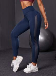 Solid Contrast Mesh Sports Leggings