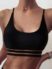 Solid Contrast Mesh Tankini Top