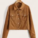 Solid Corduroy Button Front Crop Jacket