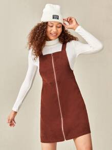 Solid Corduroy Zip Up Dress