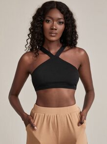 Solid Crisscross Back Crop Halter Top