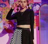 Solid Crop Tee & Contrast Checkerboard Pleated Skirt