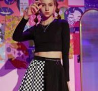 Solid Crop Tee & Contrast Checkerboard Pleated Skirt