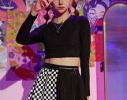 Solid Crop Tee & Contrast Checkerboard Pleated Skirt