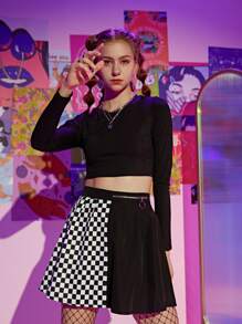 Solid Crop Tee & Contrast Checkerboard Pleated Skirt