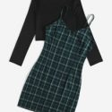 Solid Crop Top & Tartan Pattern Cami Dress