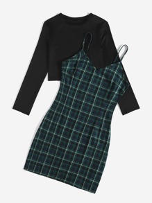 Solid Crop Top & Tartan Pattern Cami Dress