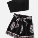 Solid Crop Tube Top & Floral Graphic Belted Shorts