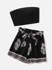 Solid Crop Tube Top & Floral Graphic Belted Shorts