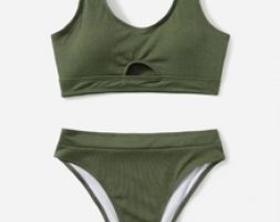 Solid Cut Out Bikini Swimsuit