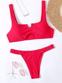 Solid Cut Out Bikini Swimsuit