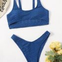 Solid Cut Out High Cut Bikini Swimsuit