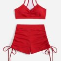 Solid Drawstring Bikini Swimsuit