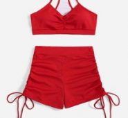 Solid Drawstring Bikini Swimsuit