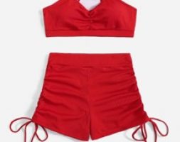 Solid Drawstring Bikini Swimsuit